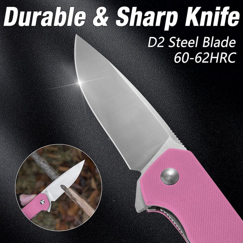 FLISSA Pocket Knife, Folding Tactical Knife with G10 Handle, D2 Blade, Liner Lock, Pocket Clip, EDC Knife for Hiking, Camping, Survival, Indoor and Outdoor Activities(Pink) - Image 3